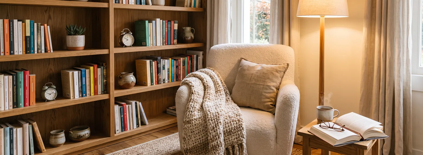 Rincón de lectura con biblioteca de madera y sillón