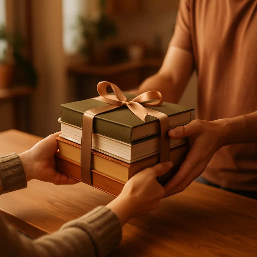 Entrega de una pila de libros encintados sobre un mostrador de madera