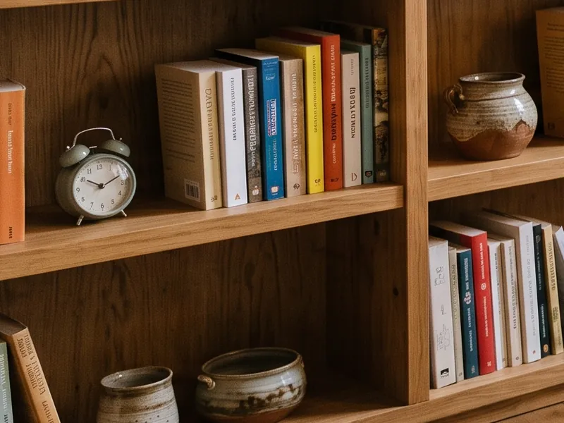Estante de madera con libros de colores y material escolar