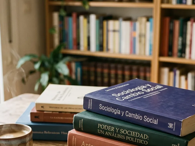 Pila de libros en español sobre una mesa de madera, con biblioteca al fondo