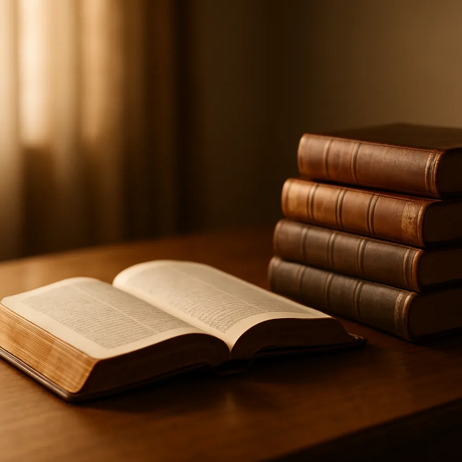 Libro devocional encuadernado en cuero, abierto sobre una mesa de madera