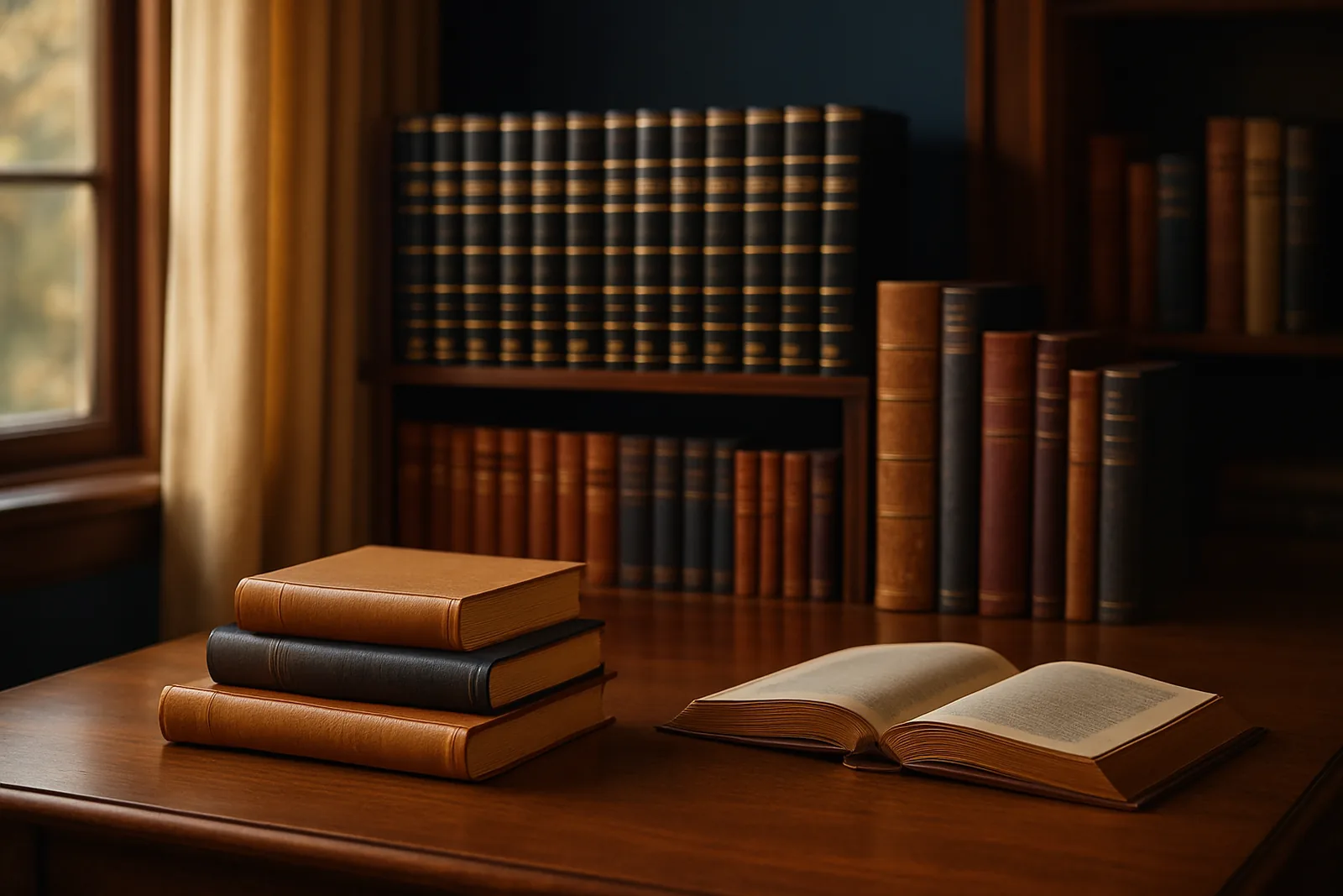 Colección de programas educativos en tapa dura sobre una mesa de madera junto a una biblioteca
