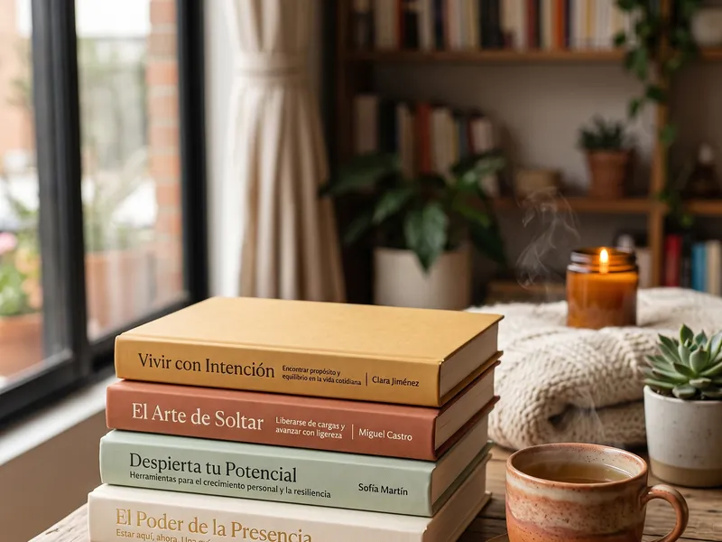Pila de libros sobre una mesa de madera junto a una taza de café